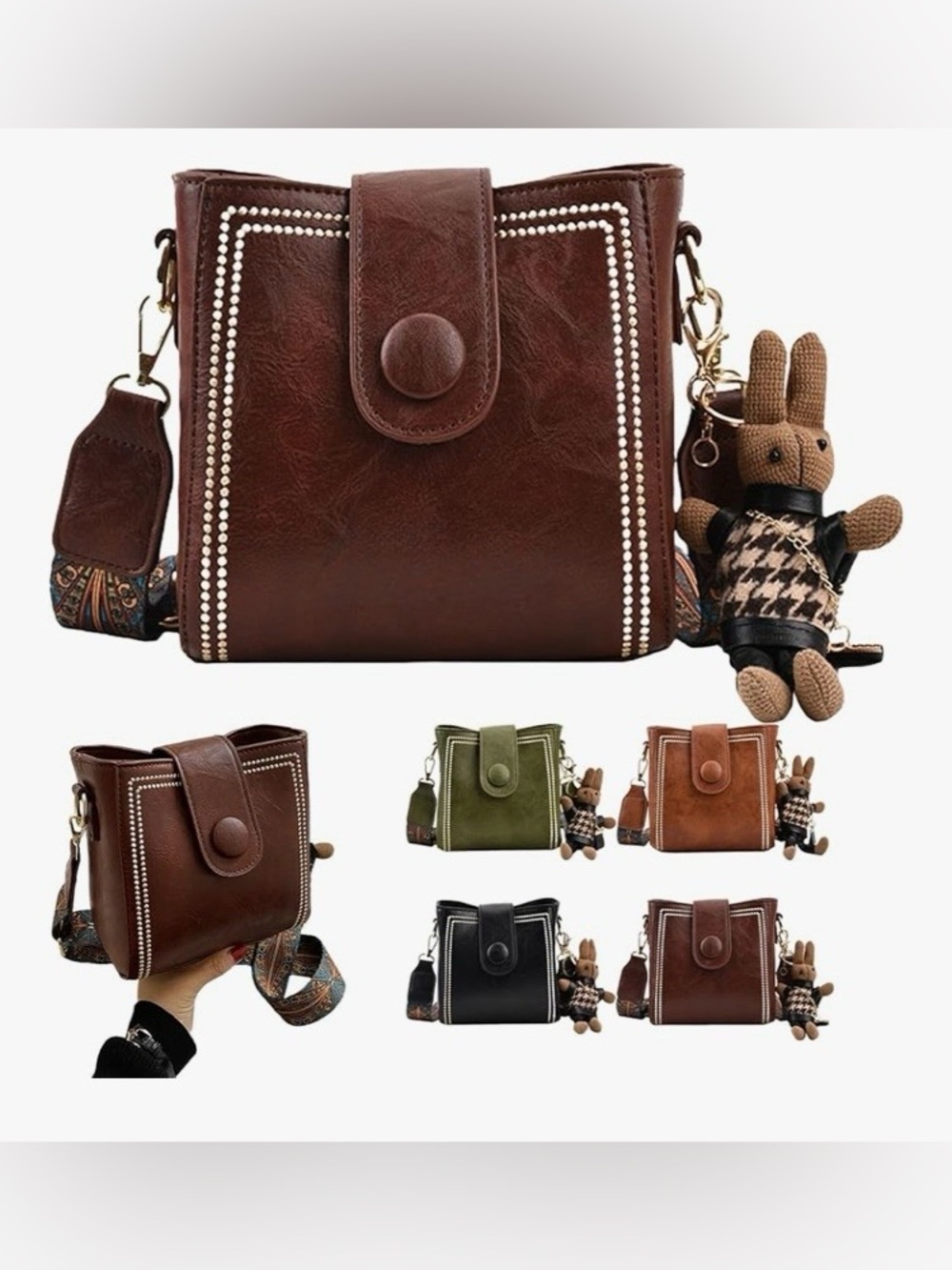 Vintage Vegan Leather Crossbody Bag for Women with cute Pendant. Coffee Brown